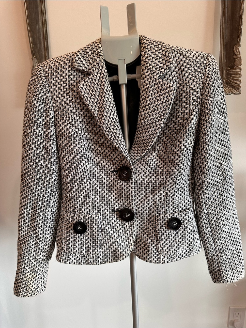 Classic Black & White Tweed Women's Blazer Jacket